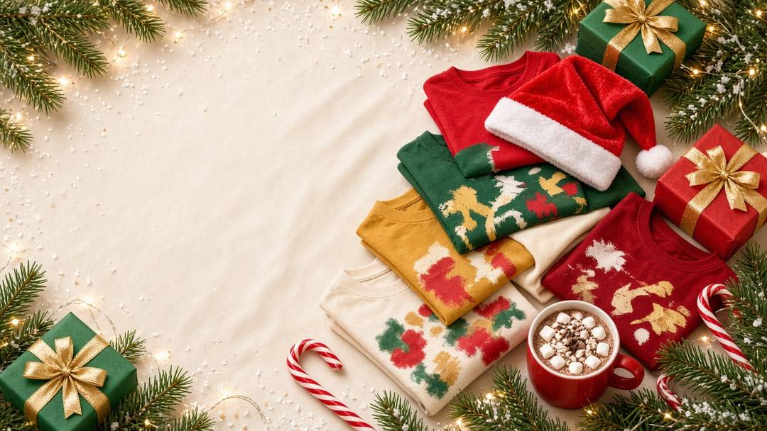 Folded funny Christmas shirts with a Santa hat, gifts and cocoa